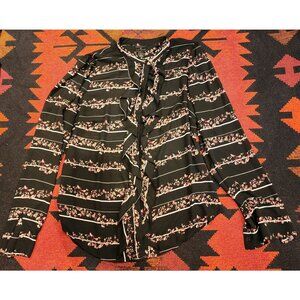 Worthington Women's Black Floral & Striped Ruffle Blouse L Polyester